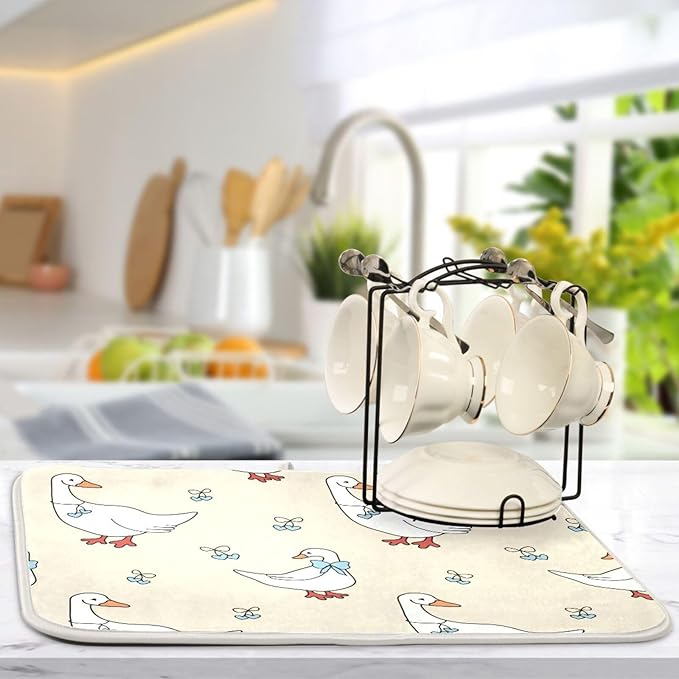 Goose Blue Hearts and A Bow Dish Drying Mat for Kitchen Counter 16x18 inch Super Absorbent Drying Mat Large Dish Drying Mats for Kitchen Countertop Protector Dishes Pad
