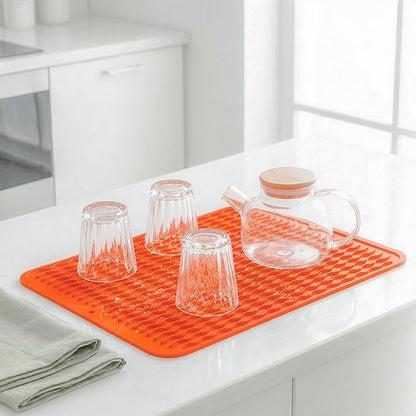 MicoYang Silicone Dish Drying Mat for Multiple Usage,Easy clean,Eco-friendly,Heat-resistant Silicone Mat for Kitchen Counter or Sink,Refrigerator or drawer liner Orange L 16 inches x 12 inches