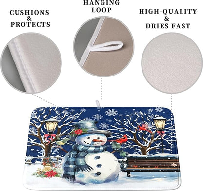Winter Snowman Dish Drying Mat for Kitchen Counter 18x24, Xmas Snowflakes Dish Drainer Mat Snowy Night Drying Kitchen Mats Cardinal Birld Dish Pad Absorbent Reversible Coffee Mats for Dishes