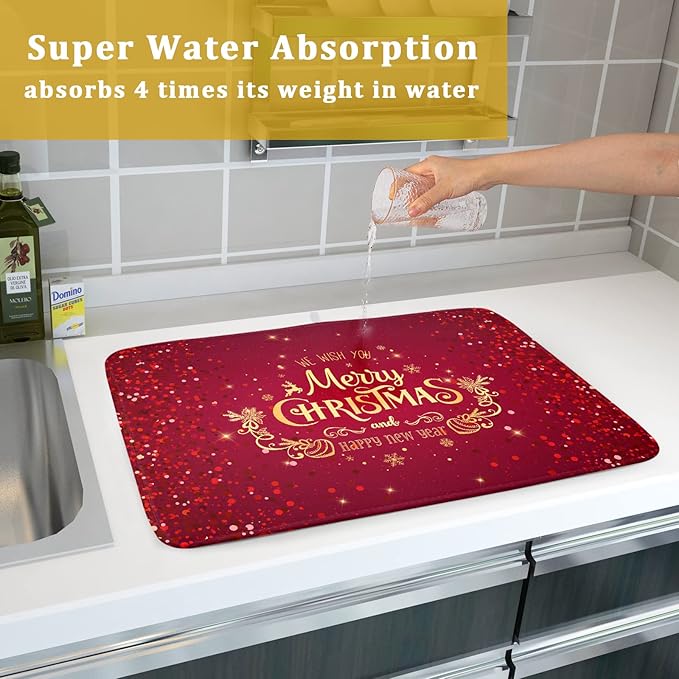 Merry Christmas Drying Mat for Kitchen Counter 18x24 Inch Christmas Dish Mat with Absorbent Reversible Microfiber Christmas Dish Drying Mat Dish Drainer Rack Pad Drainer Mat for Coffee Bar