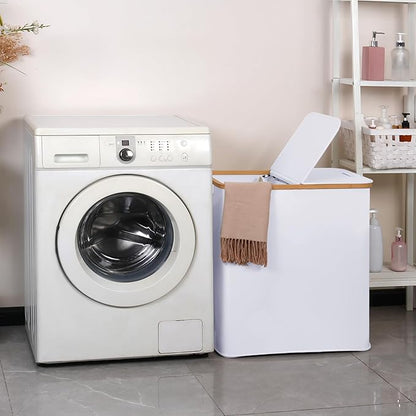 efluky Laundry Hamper with Lid, Double Laundry Hamper with 2 Removable Bags, 2 Section Laundry Basket with Bamboo Handles for Bathroom, Bedroom & Laundry Room -White