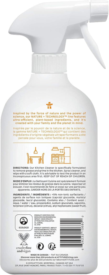 ATTITUDE Kitchen Cleaner Spray, EWG Verified, Powerful Degreaser, Cuts Grease & Grime, Plant-Based & Vegan, Citrus Zest Scent, 27.1 Fl Oz (Pack of 2)