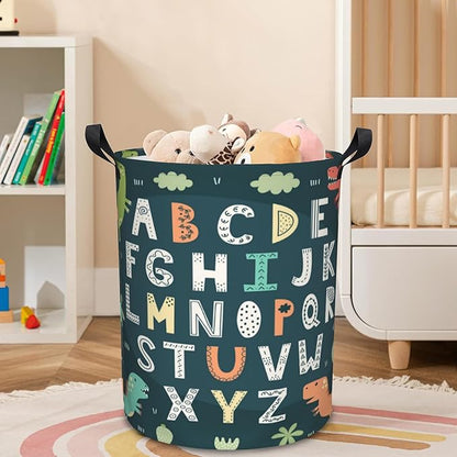 Laundry Basket Funny Alphabet with Cute Dinosaurs Laundry Basket Oxford Cloth Laundry Hamper Large Storage Baskets Toy Organizer Tote Bag For Bedroom Clothes Bathroom 17.3(H) x16.5(D) Inch
