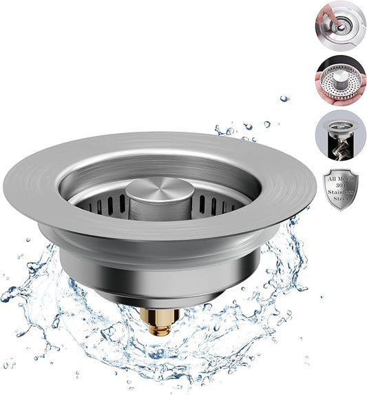 Kitchen Sink Drain Strainer, Upgraded 3 in1 Stainless Steel Metal Pop Up Sink Stopper, Kitchen Drain Plug & Cover with Anti-Clogging Basket Strainer, Fit US Standard Kitchen Drain(Silver)