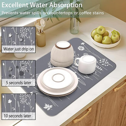 Dish Drying Mat for Kitchen Counter 2 Pack with Non-Slip Rubber Backing - Heat-Resistant Absorbent Coffee Bar Mat, Dish Rack Mat, Grey Flower Dish Drying Mats 18x24+19.5x12 inch