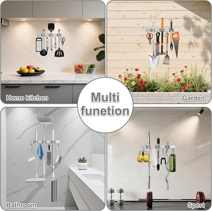 Broom Holder Wall Mount, Broom Organizer Wall Mount Stainless Steel Broom and Mop Hanger Heavy Duty Storage Organization for Home Kitchen Garden Garage Room 3 Racks 4 Hooks Grey