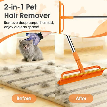 Carpet Rake for Pet Hair Removal, Durable Silicone & Metal Scraper Dog & Cat Pet Hair Remover, Adjustable Long Handle 59'' Pet Hair Carpet Rake for Rugs, Mats, Couch, Furniture