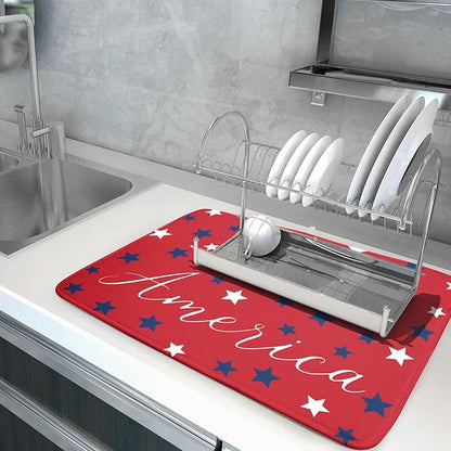 4th of July Patriotic Red Dish Drying Mat For Kitchen Counter Independence Memorial Day America Stars Microfiber Absorbent Drying Mats Reversible Kitchen Countertop Drainer Pad 18x24 Inch