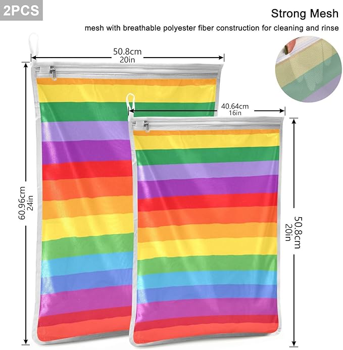 Mesh Laundry Bags Lingerie Bags for Washing Delicates 2 PCS Durable Wash Bag with Zipper Small and Medium Washable Vibrant Colorful Stripes