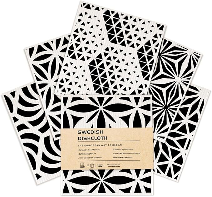 Swedish Dishcloths for Kitchen, 6 Pack Geometric Towels, Washable Absorbent Cellulose Sponge Cloths No Odor, Eco-Friendly Dish Cloths, Kitchen Gifts for Women, Home Kitchen Cleaning