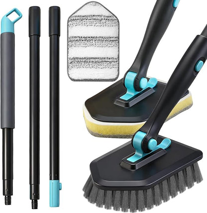 Long Handled Scrub Brush for Shower,3-in-1 Cleaning Brushes with 3 Different Function Cleaning Heads Brush for Shower Cleaning Bathroom Kitchen Walls Tub Tile (Black)