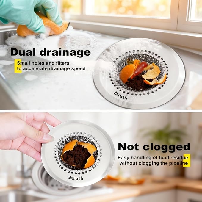 Ztruth Kitchen Sink Drain Strainer Patented Reversible Sink Strainer, Anti-Clogging Sink Strainer Basket, 304 Stainless Steel, Handmade Kitchen Gadgets, Dishwasher Safe
