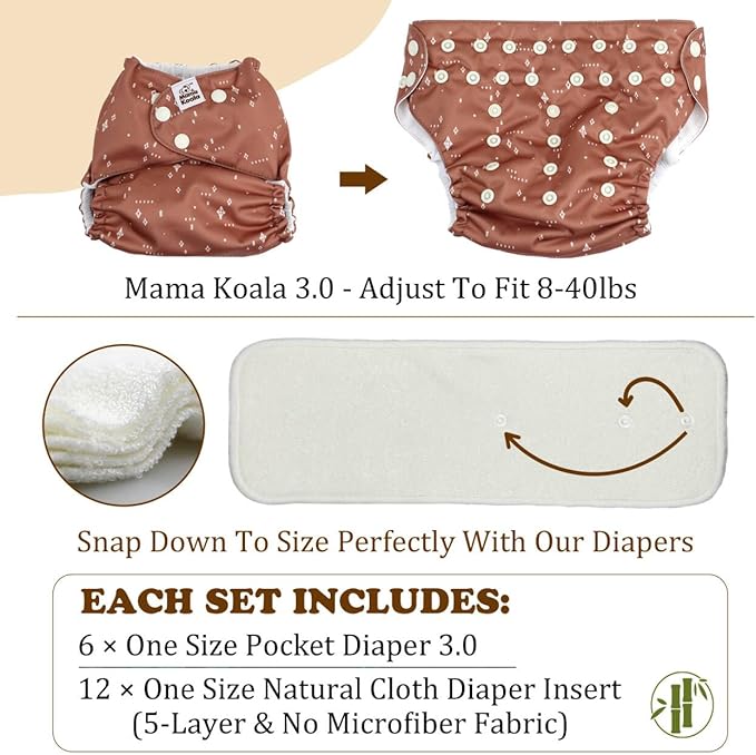 Mama Koala 3.0 Cloth Diapers for Babies with AWJ Lining, 6 Pack with 12 5-Layer Bboo(No Microfiber) Cloth Diaper Inserts - Reusable and Washable Pocket Diapers(12-My Warm Heart)