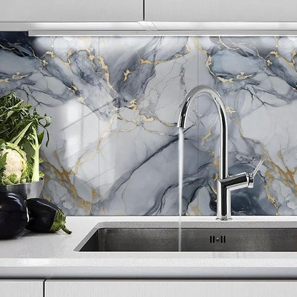 22pcs Marble Peel and Stick Waterproof Wall Panels,Heat-Resistant Backsplash Tile, 23.6"x11.8" PVC Foam Wall Sticker for Kitchen,Living Rooms,TV Walls,Blue and Gold(Not Real Tile 42.6Sq. Ft.)