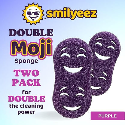 Smilyeez Double-Size Scrub Moji Sponge 2-Pack – Dual Smiling Faces, Temperature-Responsive Scrubber – Scratch-Free, Odor & Stain Resistant – Purple