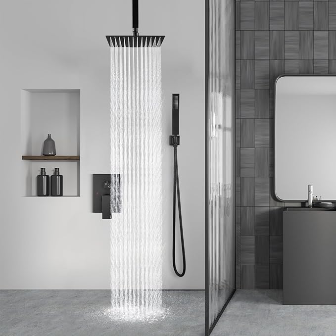 Aolemi Ceiling Mount Rain Shower Head & Handheld Spray with Robust Valve & Trim Kit - Matte Black, 8 Inch Head