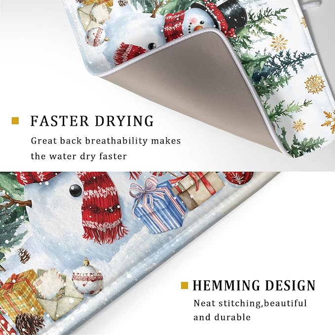 Christmas Kitchen Drying Mat 16 x 18 Inch Winter Snowflake Drying Pad Snowman and Tree Pattern Absorbent Reversible Microfiber Mats Dish Rack Pad Drainer Mat for Coffee Bar Decor
