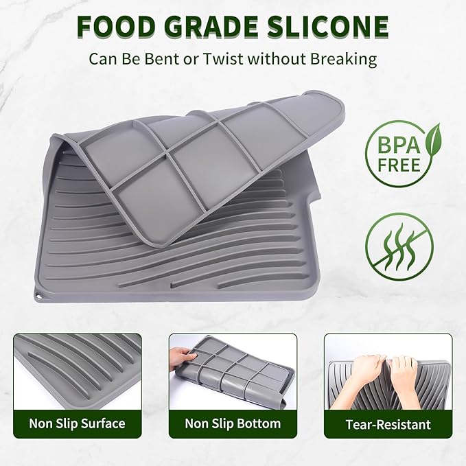 Silicone Dish Drying Mat 16x13 Multiple Usage,Easy clean,Eco-friendly,Heat-resistant Silicone Mat Dish Drying Mats For Kitchen Counter or Sink,Refrigerator or Drawer liner Grey 16inchx13inch