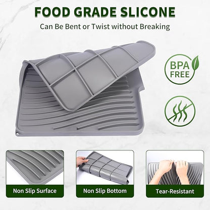 Silicone Dish Drying Mat 16x13 Multiple Usage,Easy clean,Eco-friendly,Heat-resistant Silicone Mat Dish Drying Mats For Kitchen Counter or Sink,Refrigerator or Drawer liner Grey 16inchx13inch