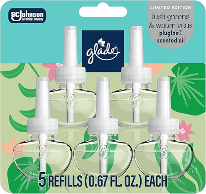 Glade PlugIns Refills Air Freshener, Lush Greens & Water Lotus, Scented and Essential Oils for Home and Bathroom, 0.67 Fl Oz, 5 Count