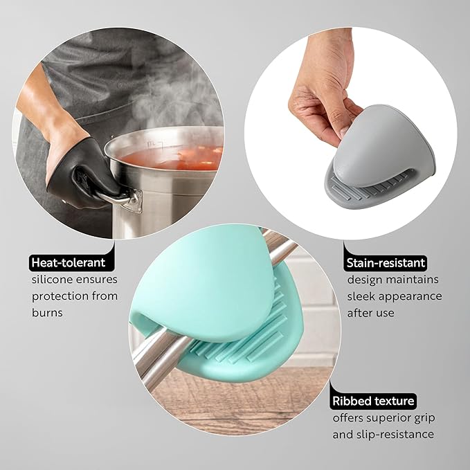 Restaurantware Comfy Grip 4.3 x 3.5 x 4.2 Inch Mini Oven Mitt Pot Holders 1 Food-Grade Finger Mitt Set - 2-Piece Set Oven-Ready Up To 446F Black Silicone Pinch Mitts Ribbed Texture Dishwashable