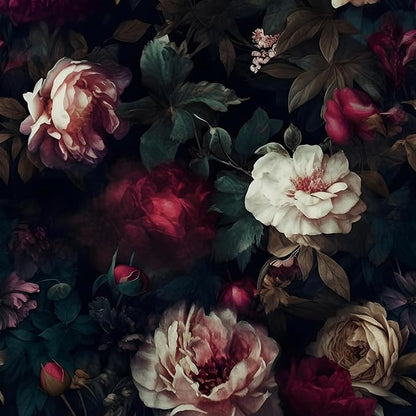 Fvlow Dark Black Floral Peel and Stick Wallpaper 17.4" x 394" Vintage Romantic Contact Paper Waterproof Self Adhesive Gothic Witchy Covering for Bedroom Cabinet Bathroom Abstract Art Home Decor Maroon