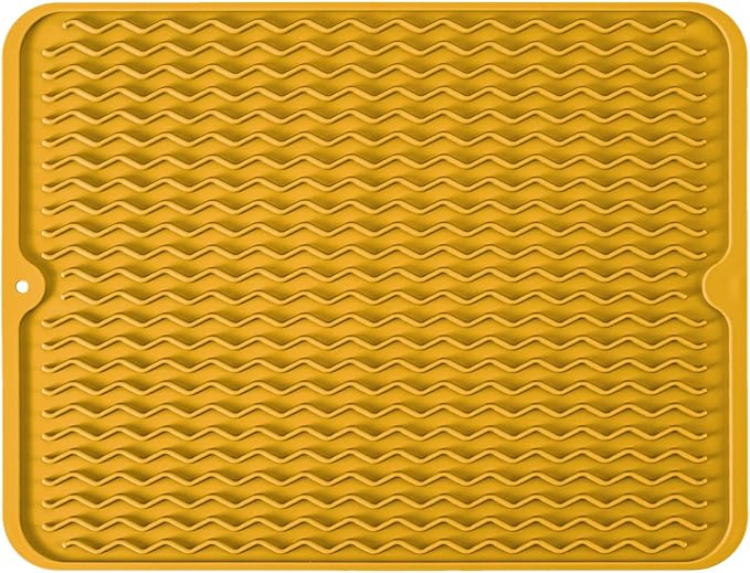 Large 17" x 14" Silicone Dish Drying Mat for Kitchen Counter, Easy clean, Quick Dry, Heat-resistant Dish Drainer Mat for Sink,Refrigerator or Drawer liner (Food Grade Silicone-Yellow)