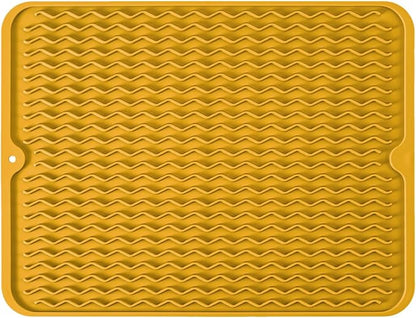 Large 17" x 14" Silicone Dish Drying Mat for Kitchen Counter, Easy clean, Quick Dry, Heat-resistant Dish Drainer Mat for Sink,Refrigerator or Drawer liner (Food Grade Silicone-Yellow)