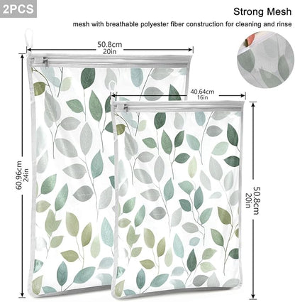 Mesh Laundry Bags Lingerie Bags for Washing Delicates 2 PCS Durable Wash Bag with Zipper Small and Medium Washable Fresh Green and Grey Leaves
