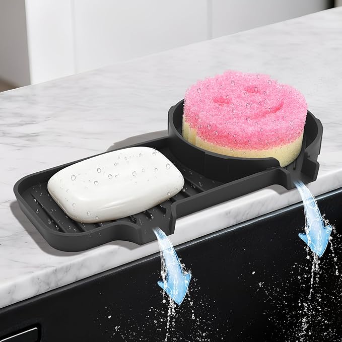 Upgraded 2-in-1 Silicone Sponge & Soap Holder with Extra Tray, Auto-Drain Organizer for Kitchen & Bathroom Sink, Compatible with Scrub Daddy Sponges, Holds Soap, Dish Soap Dispenser