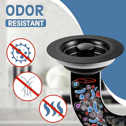 Kitchen Sink Drain Strainer 3 in 1, 304 Stainless Steel Pop Up Sink Stopper, Anti-Clogging Sink Drain Strainer for US Standard Kitchen Drain (Matte Black)