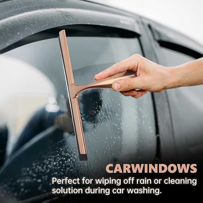 9.6 Inches All-Purpose Silicone Squeegee for Shower Doors with Adhesive Hook. Window Shower Cleaner Tool Suitable for Shower Glass Doors, Bathroom, Window and Car Glass.Rose Gold