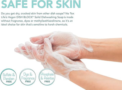 NO TOX LIFE Vegan Dish Block, 6 oz – A Solid Dish Soap for Effective Cleaning of Dishes, Pots and Pans – Ultra-Concentrated Biodegradable Formula – Fragrance and Dye Free – 2 Pack