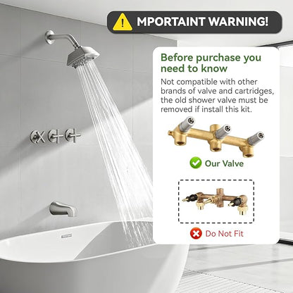 3 Handle Shower Faucet Set with Tub Spout 6-Spray Shower Head and Handle Set Shower Trim Kit with Rough-in Valve Bathroom Shower Faucet Valve Trim Kit Shower System Brushed Nickel