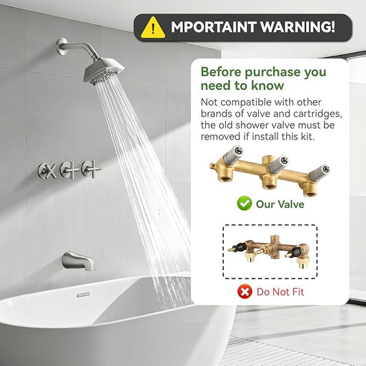 3 Handle Shower Faucet Set with Tub Spout 6-Spray Shower Head and Handle Set Shower Trim Kit with Rough-in Valve Bathroom Shower Faucet Valve Trim Kit Shower System Brushed Nickel