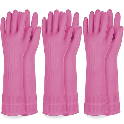 Mamison 2 Pairs Reusable Waterproof Household Dishwashing Cleaning Rubber Gloves, Non-Slip Kitchen Glove (Pink, Large (Pack of 3))