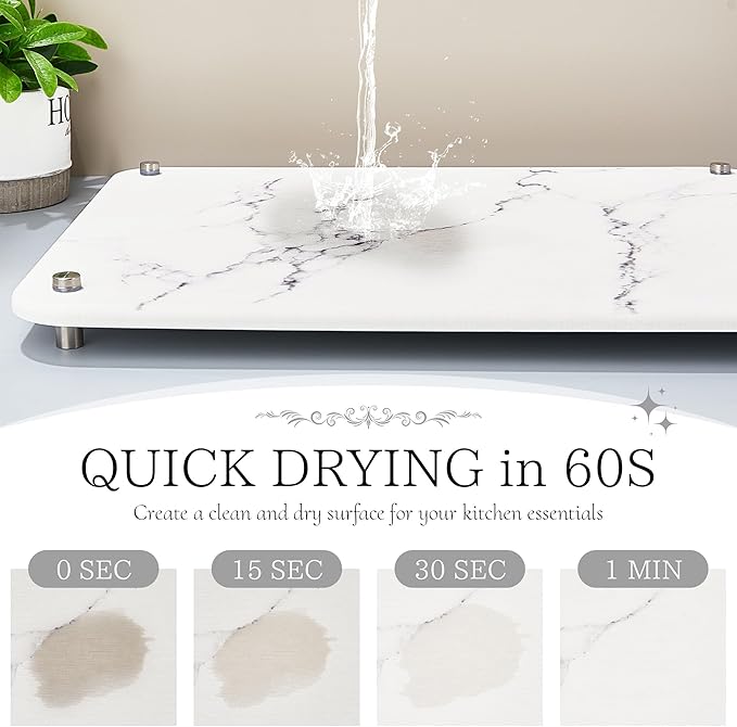 Stone Dish Drying Mat for Kitchen Counter, Quick Drying Diatomaceous Earth Dish Drying Mat with 4 Metal Brackets for Kitchen Sink, Size 15.7 x 11.8 Inches, White Marble Style