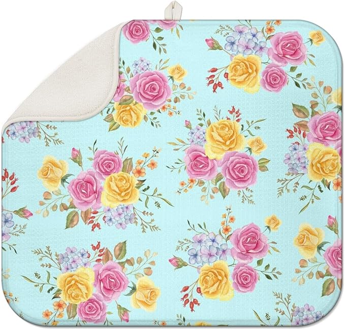 Dish Drying Mat Drainer Pads - Extra Large Microfiber Drying Mats for Dishes Kitchen Counter Super Absorbent Pads for Draining Racks (Floral,16"x18" )