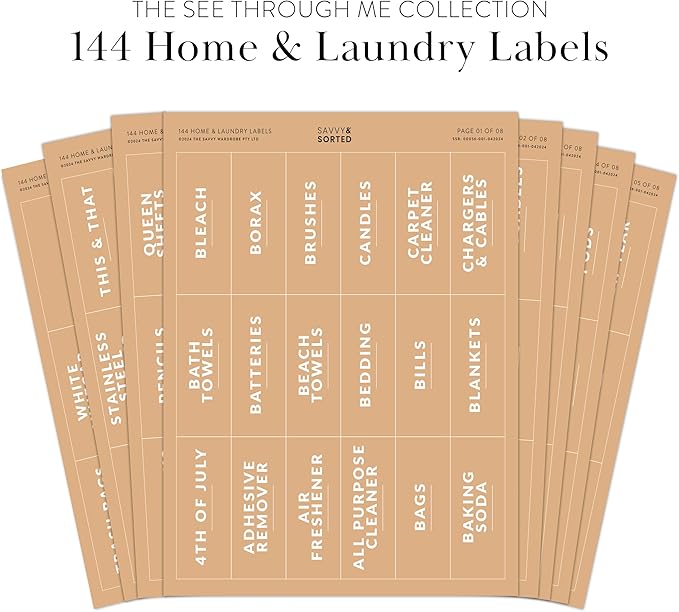 Laundry Labels for Jars, 144 Preprinted Home and Laundry Label Stickers for Storage Bins, Cleaning Jars, Spray Bottles, Linen Closet, Household Organization