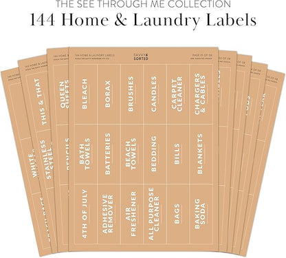 Laundry Labels for Jars, 144 Preprinted Home and Laundry Label Stickers for Storage Bins, Cleaning Jars, Spray Bottles, Linen Closet, Household Organization