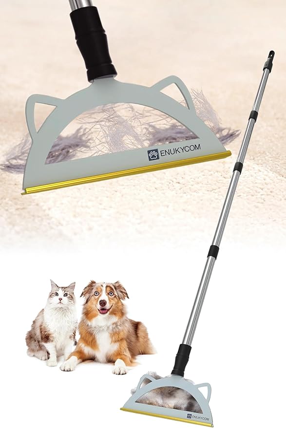 Pet Hair Remover Broom for Low Pile Carpet, Rugs, Stairs – 60" Adjustable Long Handle Carpet Rake for Pet Hair Removal – Includes Wall Clamp – Dog & Cat Hair Removal Tool