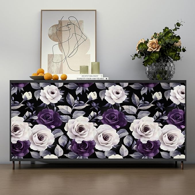 Black Foral Wallpaper Peel and Stick Purple White Rose Contact Paper 17.4" x 393", Dark Vintage Self-Adhesive Removable Flower Wall Paper for Bedroom Countertop Desk Cabinets Decor Renter Friendly