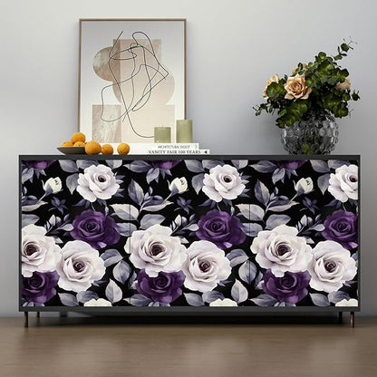 Black Foral Wallpaper Peel and Stick Purple White Rose Contact Paper 17.4" x 393", Dark Vintage Self-Adhesive Removable Flower Wall Paper for Bedroom Countertop Desk Cabinets Decor Renter Friendly