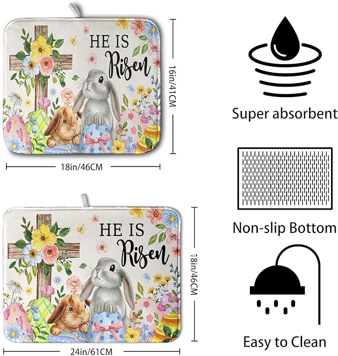 He is Risen Easter Dish Drying Mat for Kitchen Counter Bunny Floral Cross Dish Drainer Mats Spring Rabbit Flowers Egg Dish Drying Pads Absorbent Microfiber Reusable Dish Rack Mat 18x24 Inch