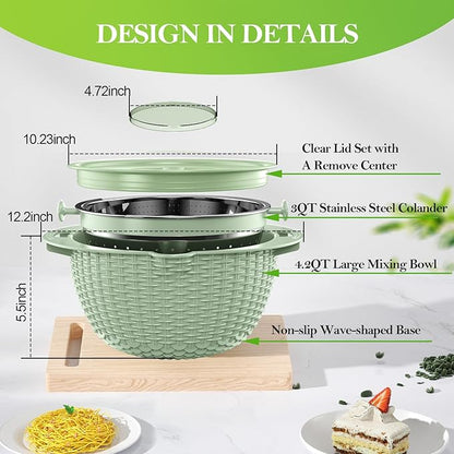 4 in 1 Colander with Bowl Set, Food Strainers and Colanders, Colander for Kitchen, Pasta Strainer, Fruit Washing Bowl, Kitchen Essentials Strainer Basket Bowl, Green, Christmas & New Year Gifts