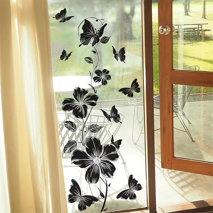 Black Flower Butterfly Vine Wall Stickers, sacinora Simplicity Floral Art Wall Decals Removable Vinyl Peel and Stick for Bedroom Kitchen Cabinet Nursery Home Decorations