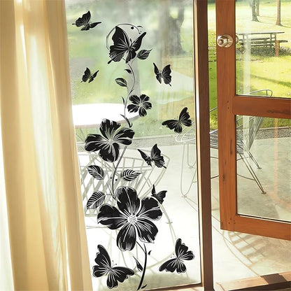 Black Flower Butterfly Vine Wall Stickers, sacinora Simplicity Floral Art Wall Decals Removable Vinyl Peel and Stick for Bedroom Kitchen Cabinet Nursery Home Decorations