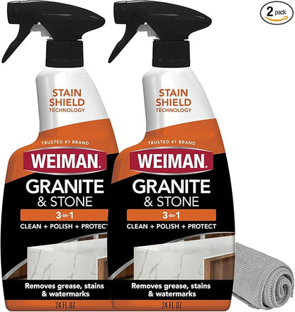 Weiman Granite and Stone Cleaner 3-in-1, Removes Grease, Stains & Watermarks, Streak-Free Formula with Stain Shield Technology, Safe on Marble, Quartz, Tile, Granite, Quartzite & Slate