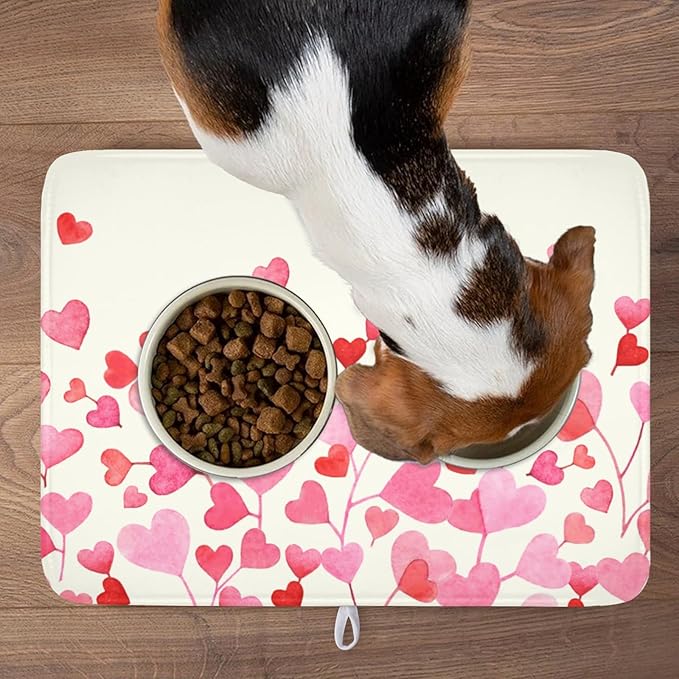 Valentine's Day Dish Drying Mat for Kitchen Counter Pink Love Heart Pattern Drying Mat 18x24 Inch Valentines Holiday Absorbent Dish Drainer Mat Kitchen Accessories