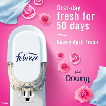 Febreze Plug-In Air Freshener, Odor-Fighting Scented Oil Starter Kit, Air Fresheners for Home and Bathroom and Kitchen, Long Lasting for Strong Odors, Downy April Fresh Scent, Warmer + 2 Refill
